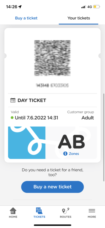 HSLのアプリで電車のチケット購入した場合のチケット画面
