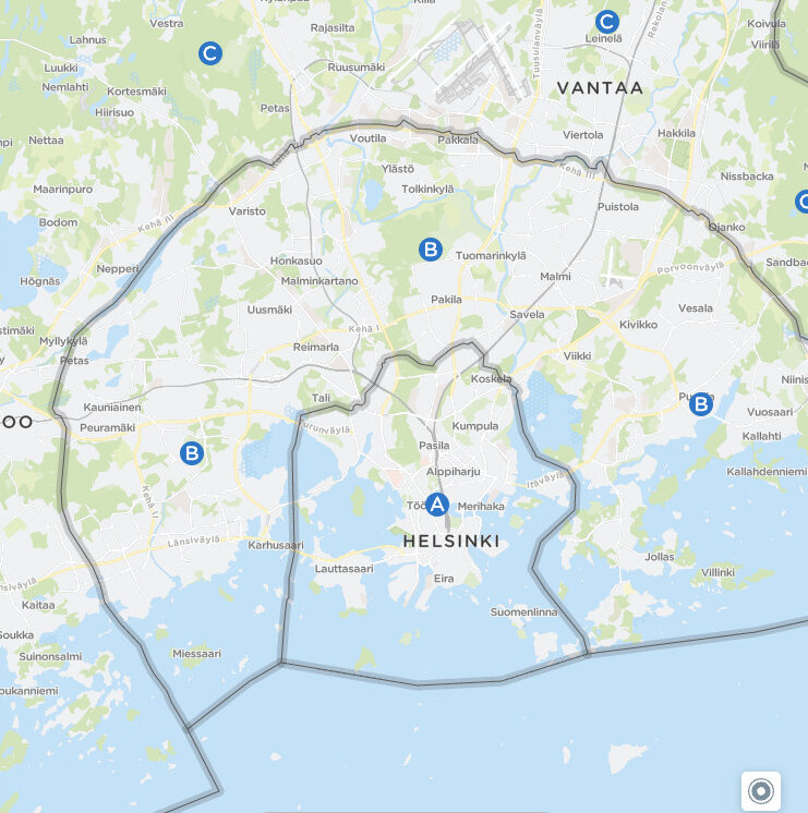 ヘルシンキ近郊のゾーンマップ（電車料金の説明）