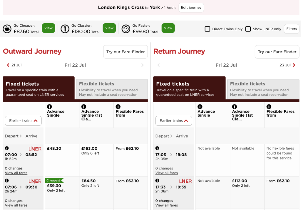 LNERでのキングスクロスとヨーク間のチケット検索画面